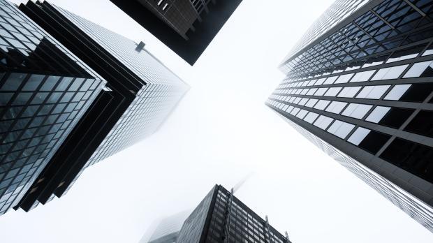 Upwards view of high-rise buildings 